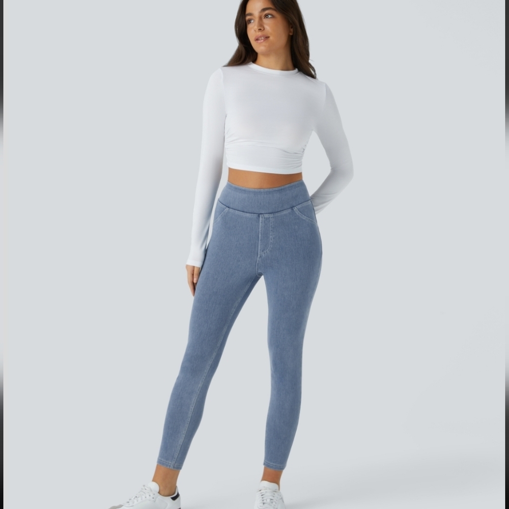 Halara NWOT Flex High Waisted Pocket Casual Leggings Ice Crevice Denim Large - Picture 6 of 7
